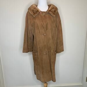 50s 60s Suede Fur Collar Tan Coat Size Medium